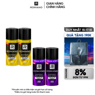 [MÙI HƯƠNG MỚI] Combo 2 Xịt toàn thân ngăn mồ hôi và mùi cơ thể Romano 150ml/chai - 6 Mùi Hương Có Sẵn