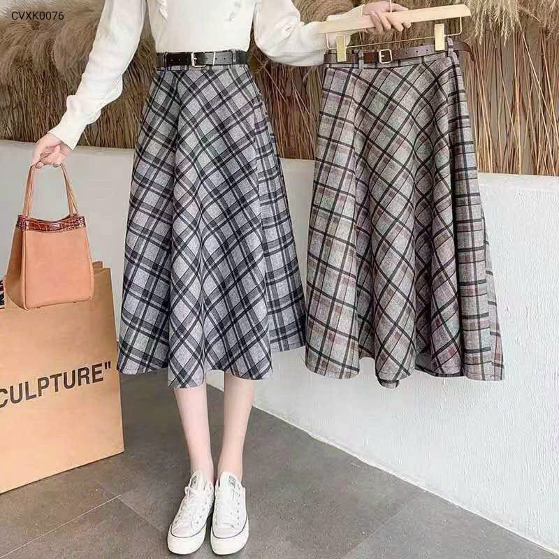 CVXK0076 Chân váy dạ kẻ xoè a kèm belt qccc