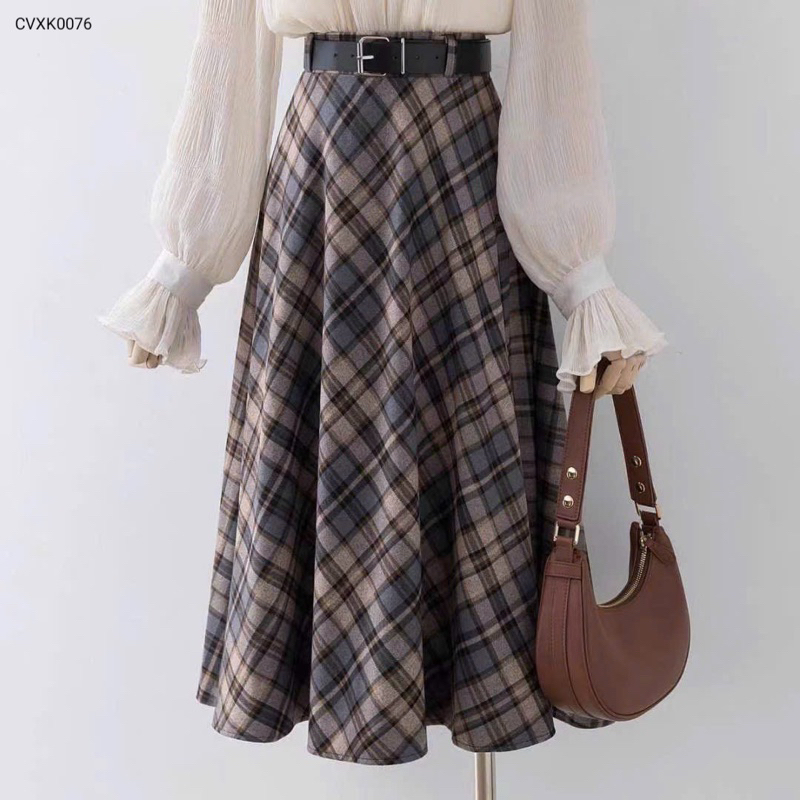 CVXK0076 Chân váy dạ kẻ xoè a kèm belt qccc