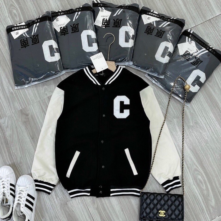 Áo Khoác Ngoài Nam,Áo Khoác Bomber Nữ Hình Thêu Hoạ Tiết Chữ C Chất Liệu Dạ Phối Tay Da