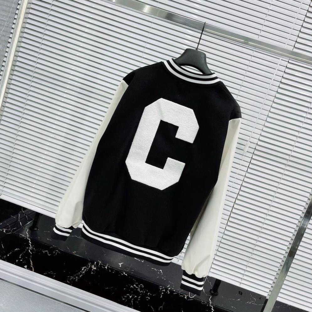 Áo Khoác Ngoài Nam,Áo Khoác Bomber Nữ Hình Thêu Hoạ Tiết Chữ C Chất Liệu Dạ Phối Tay Da