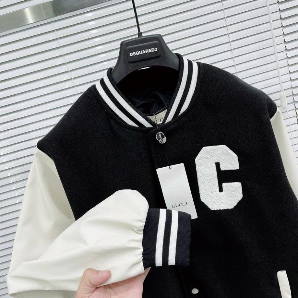 Áo Khoác Ngoài Nam,Áo Khoác Bomber Nữ Hình Thêu Hoạ Tiết Chữ C Chất Liệu Dạ Phối Tay Da