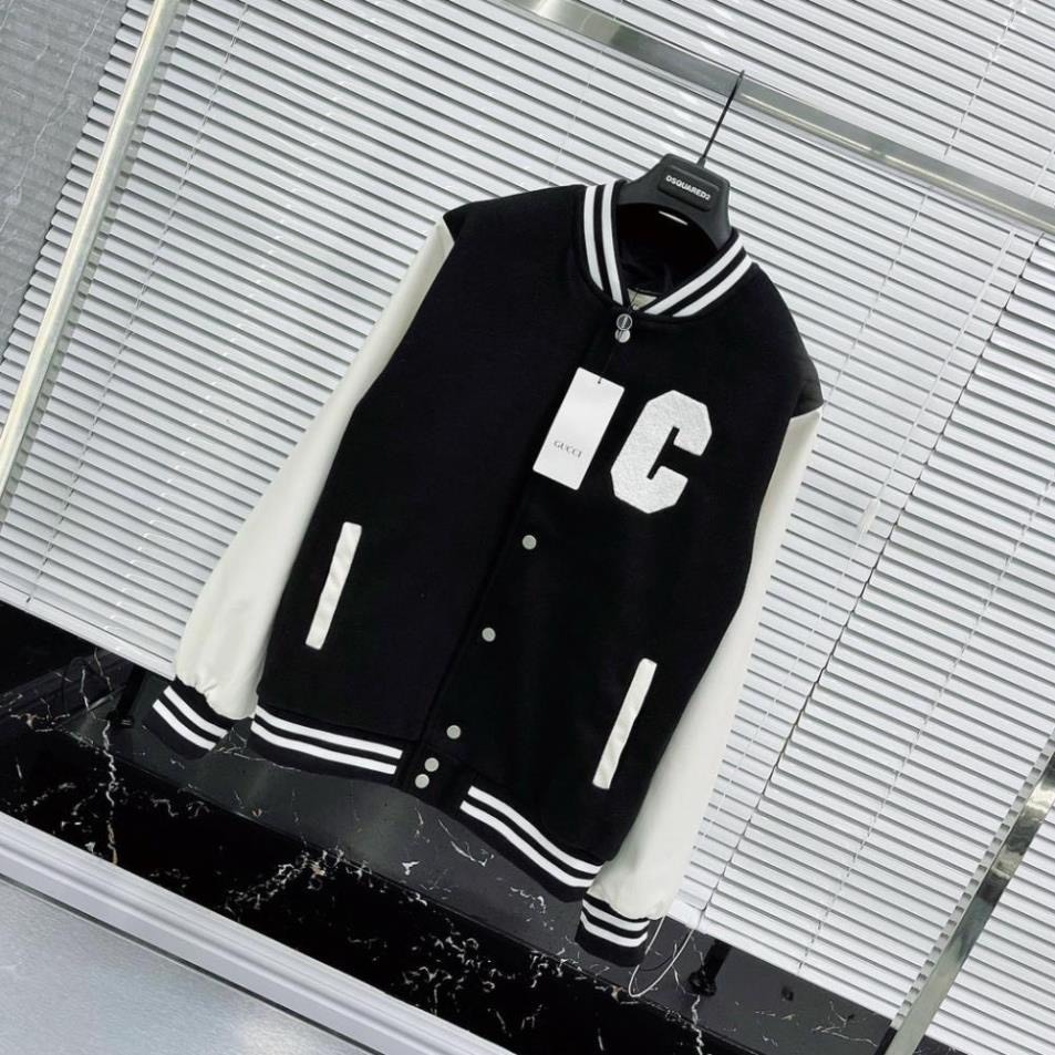 Áo Khoác Bóng Chày Nam Nữ,Áo Khoác Bomber Dạ Tay Da Họa Tiết Thêu Chữ C Cao Cấp