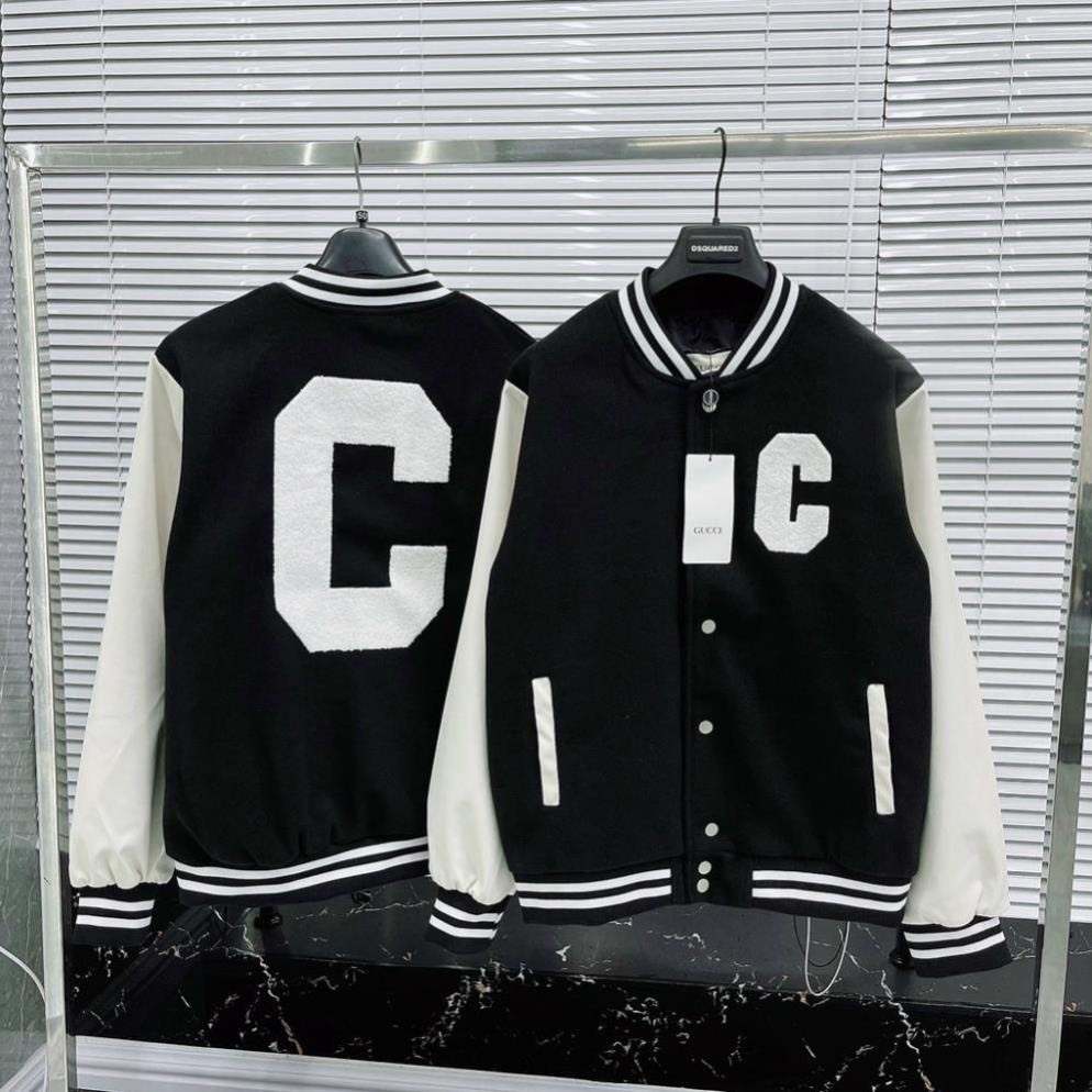 Áo Khoác Bóng Chày Nam Nữ,Áo Khoác Bomber Dạ Tay Da Họa Tiết Thêu Chữ C Cao Cấp
