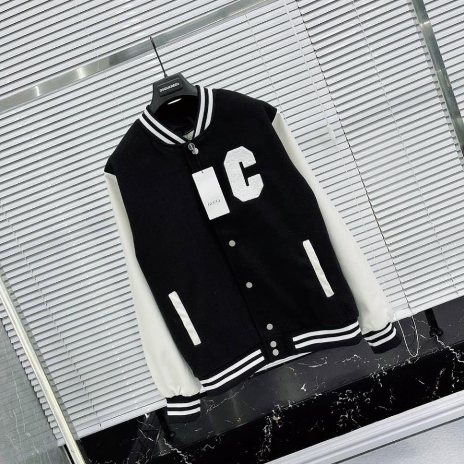 Áo Khoác Bóng Chày Nam Nữ,Áo Khoác Bomber Dạ Tay Da Họa Tiết Thêu Chữ C Cao Cấp