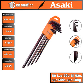 Bộ lục đầu bi nâu, lục giác bi, lục lăng dài 1.5 - 10m 9 chi tiết ak-7408 asaki japan std làm từ thép chorme, s2
