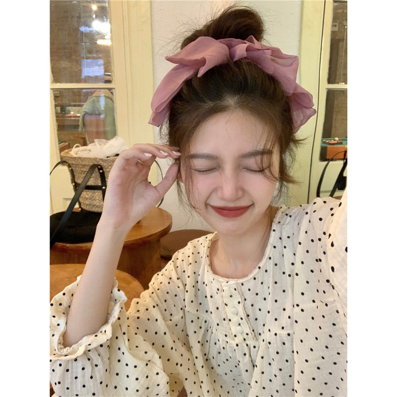 Set pyjama ulzzang nữ Hàn Quốc chấm bi đen trắng cổ tròn viên xinh dài tay mặc nhà thu đông ấm áp cute