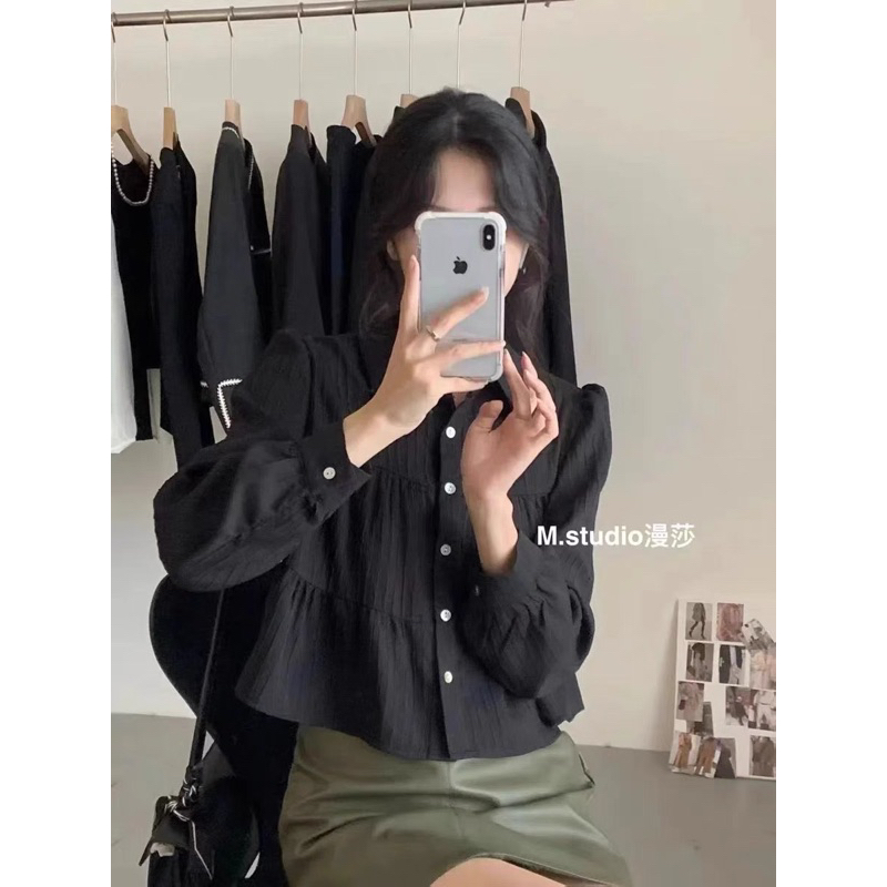Áo sơ mi nữ dài tay 3 tầng cổ đức chất đũi gân M205