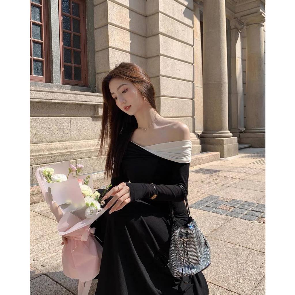 Váy trễ vai pha trắng nhún ly eo xoè Eclipse Clothing