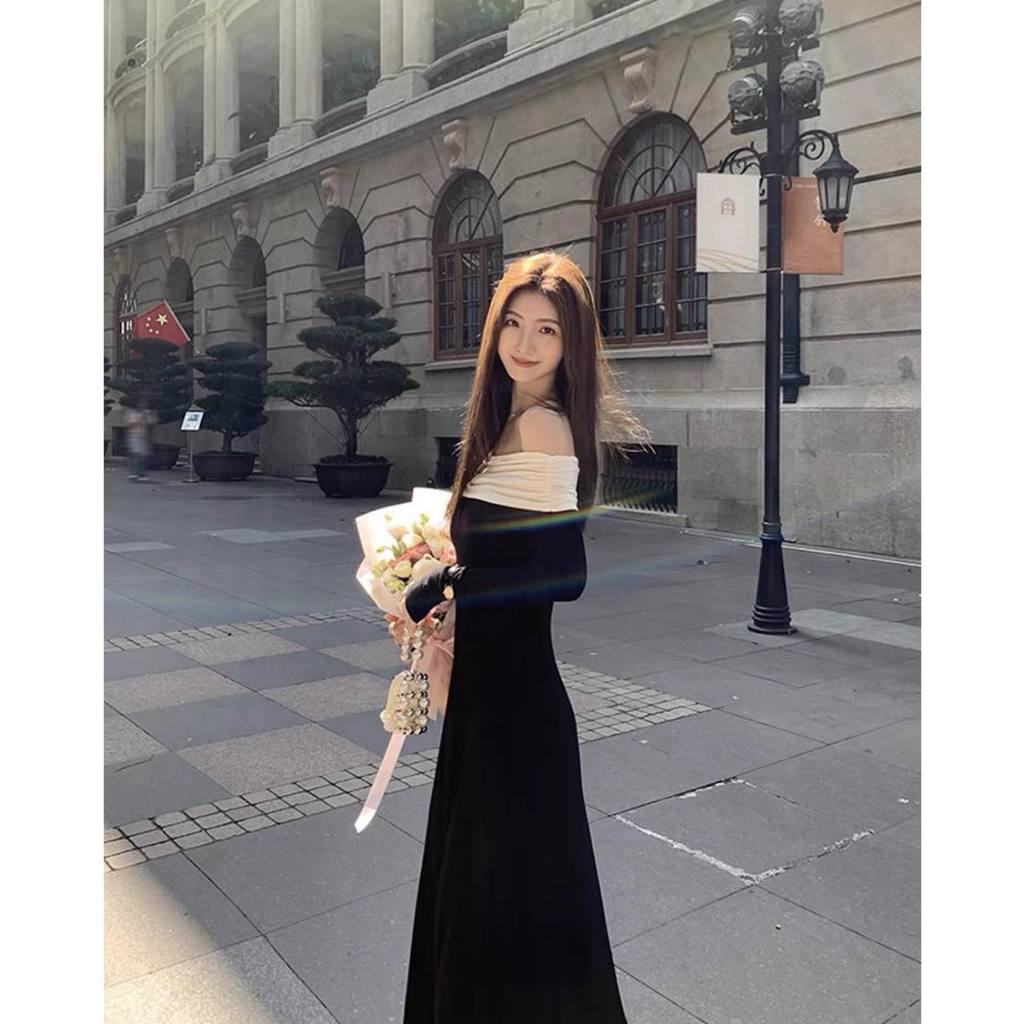 Váy trễ vai pha trắng nhún ly eo xoè Eclipse Clothing