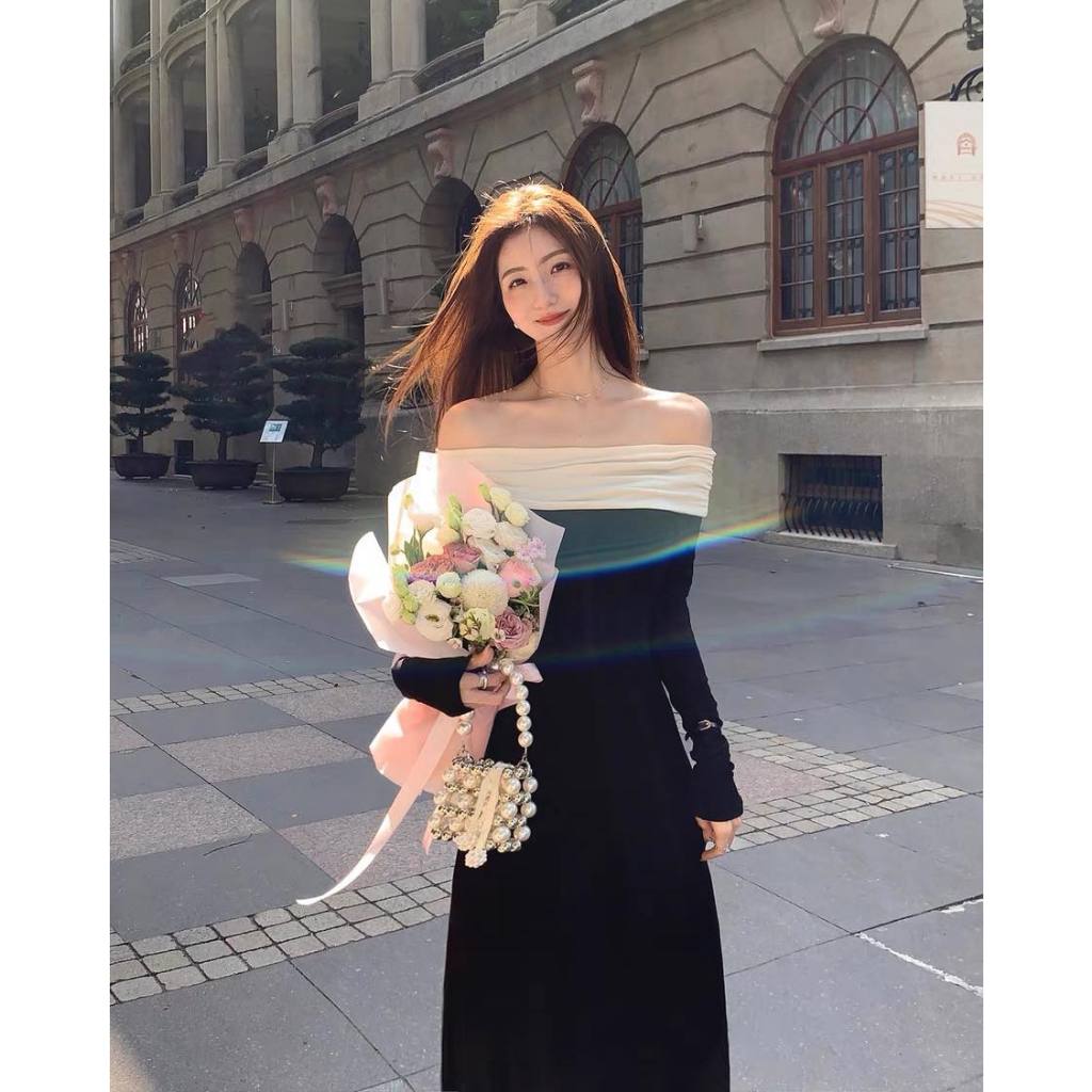 Váy trễ vai pha trắng nhún ly eo xoè Eclipse Clothing