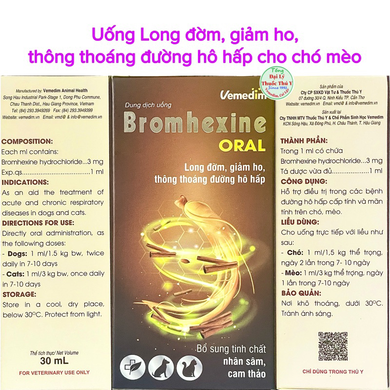 Bromhenxine ORAL Chó Mèo Uống giảm ho đờm, thêm tinh chất nhân sâm, cam thảo