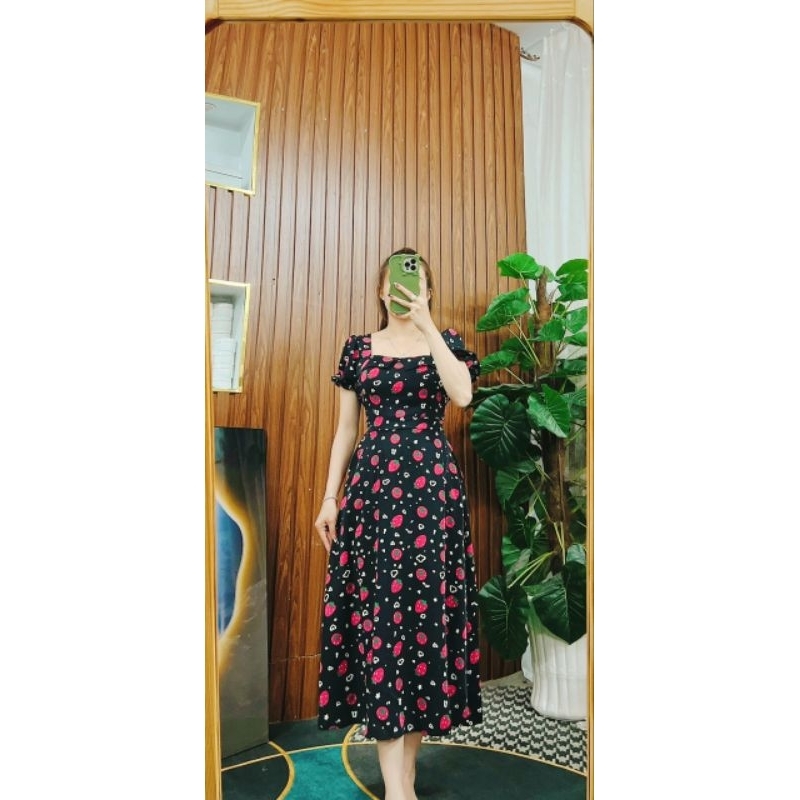 Đầm lụa Mango họa tiết trái Dâu freesize 45-65kg