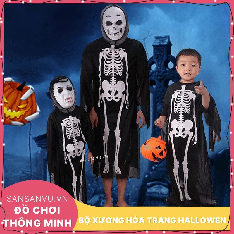Áo choàng bộ xương hóa trang Halloween cho bé trai, bé gái dài 90 cm - 120 cm