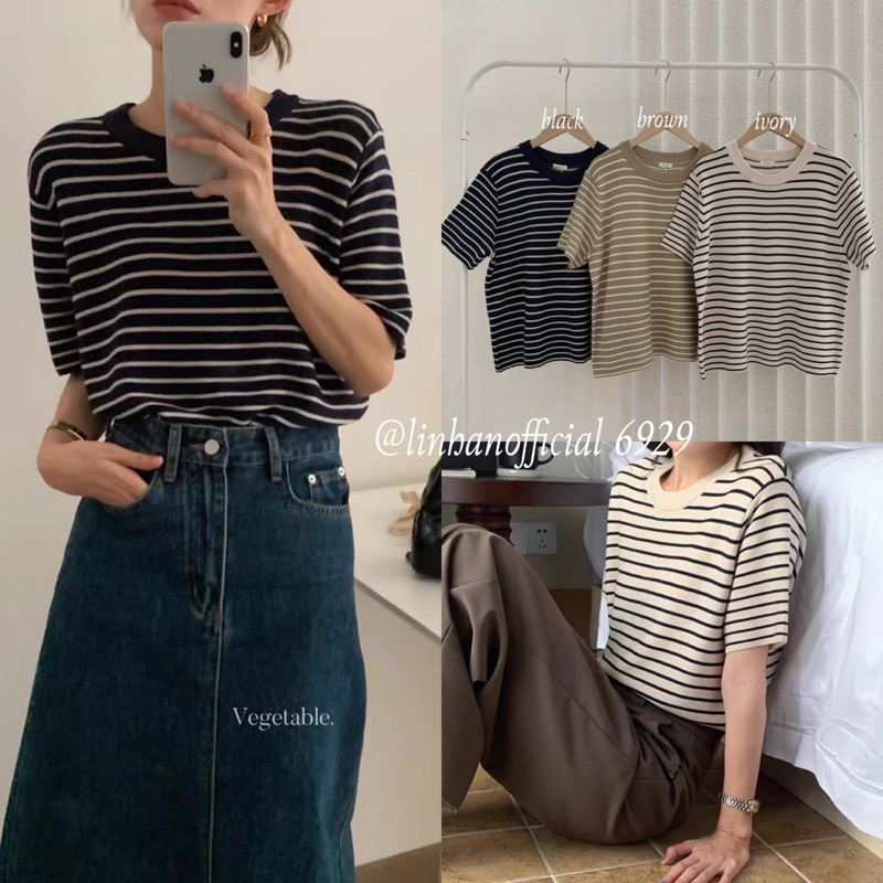 Áo len tăm kẻ Hàn VEGESTABLE 6929 // Hàng có sẵn🇰🇷