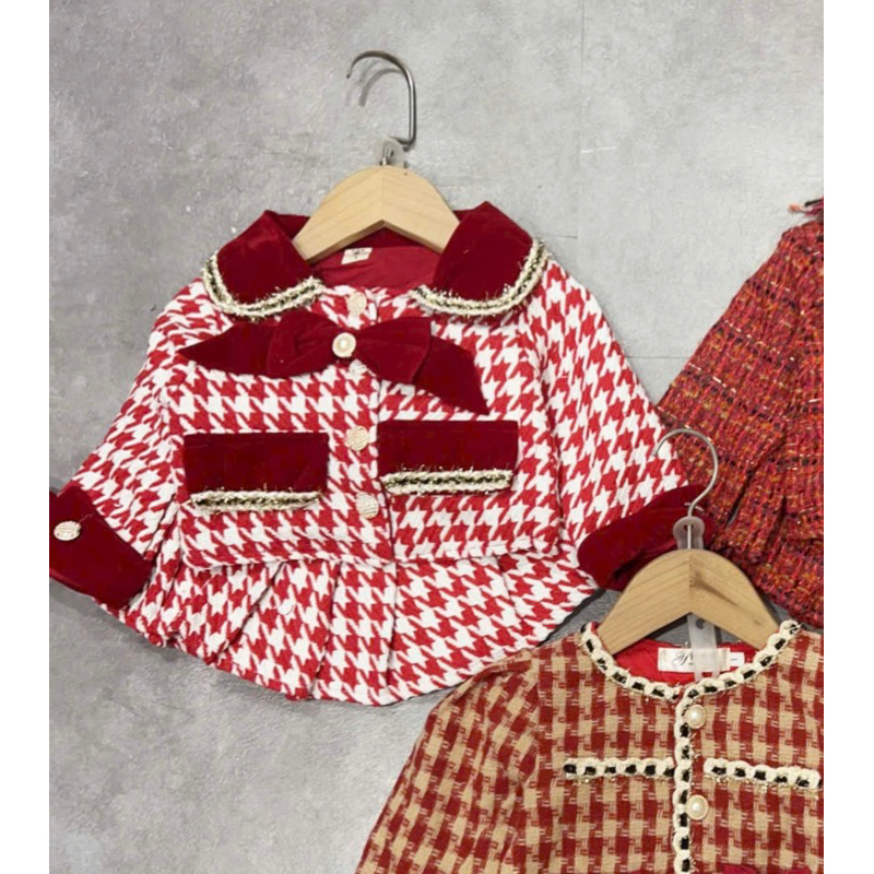 Set dạ đỏ Caro nơ đính cho bé gái 6-15kg
