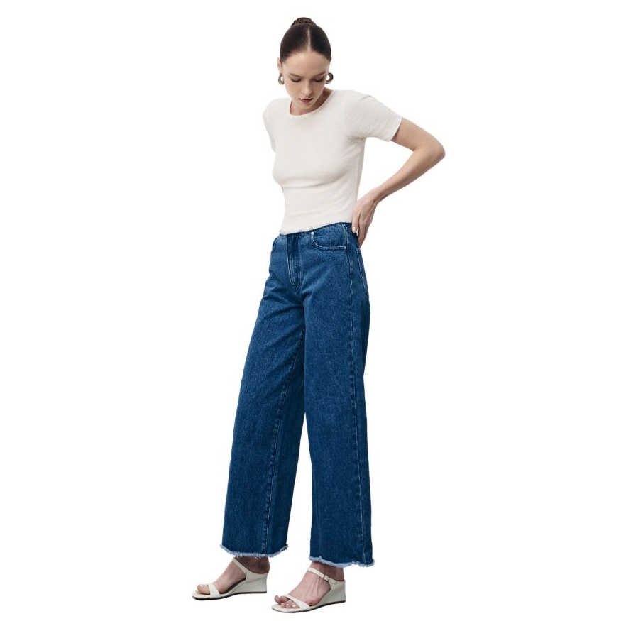 Quần jeans nữ thiết kế không lưng quần eo cạp thấp ống suông rộng tua rua - là min - BLUE WAISTLESS JEANS