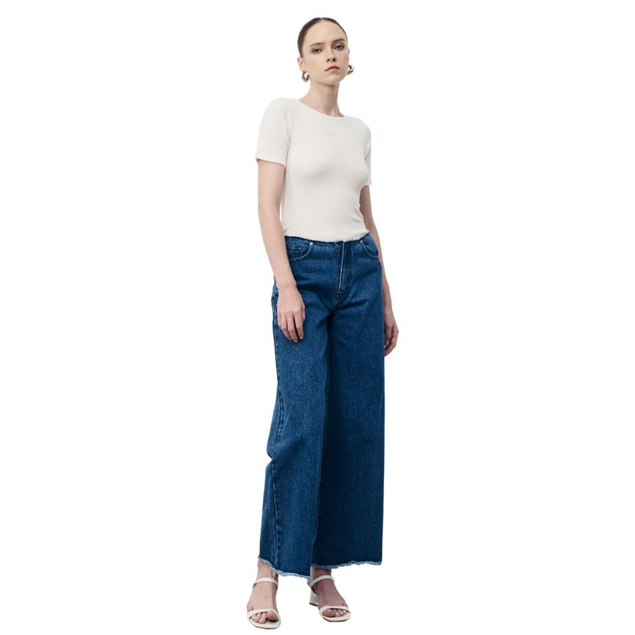 Quần jeans nữ thiết kế không lưng quần eo cạp thấp ống suông rộng tua rua - là min - BLUE WAISTLESS JEANS