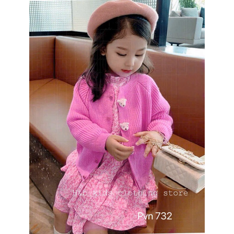 Set áo khoác len đính gấu thật kèm váy tay dài lụa hàn siêu xinh size10-25kg