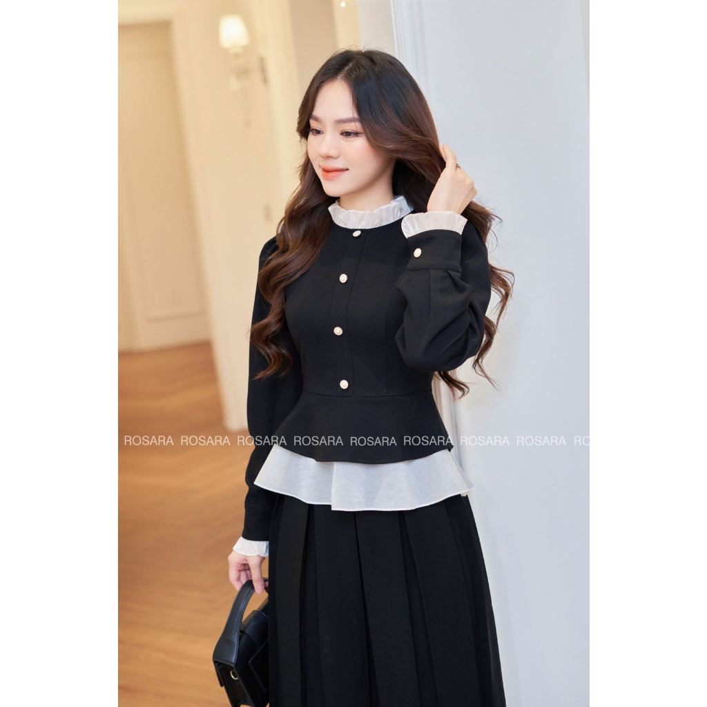 Áo Sơ Mi Nữ Dài Tay Đen Phối Bèo Trắng Thời Trang Nữ Rosara SM257