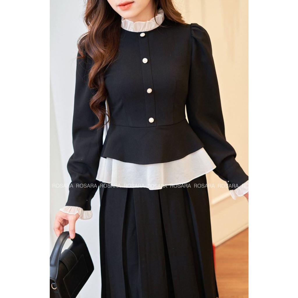 Áo Sơ Mi Nữ Dài Tay Đen Phối Bèo Trắng Thời Trang Nữ Rosara SM257