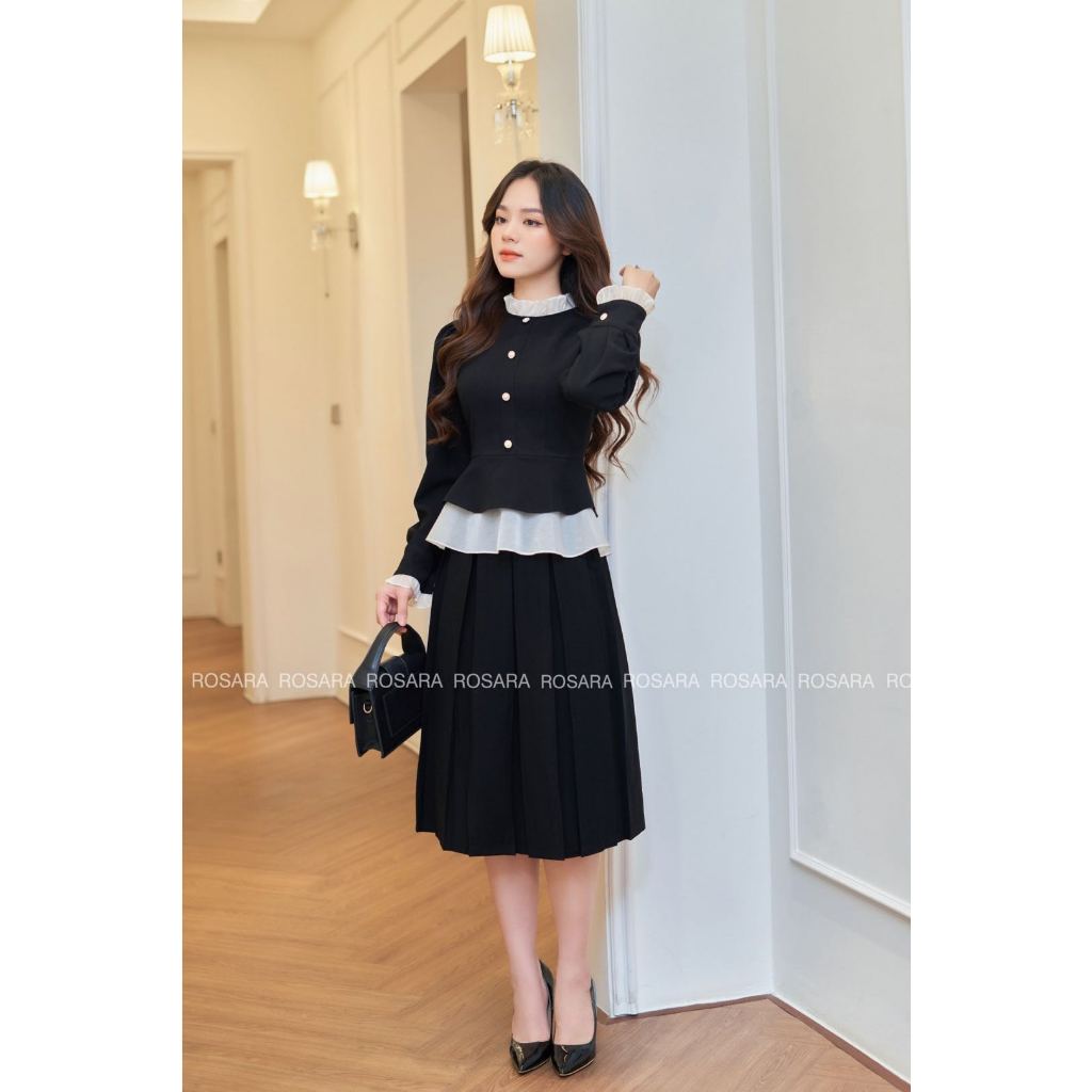 Áo Sơ Mi Nữ Dài Tay Đen Phối Bèo Trắng Thời Trang Nữ Rosara SM257