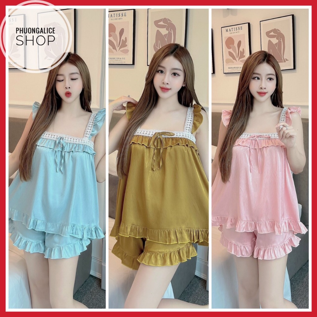 Đồ ngủ sexy nữ, bộ ngủ cánh tiên bèo mặc nhà chất liệu lụa xước phối ren- Phuongaliceshop