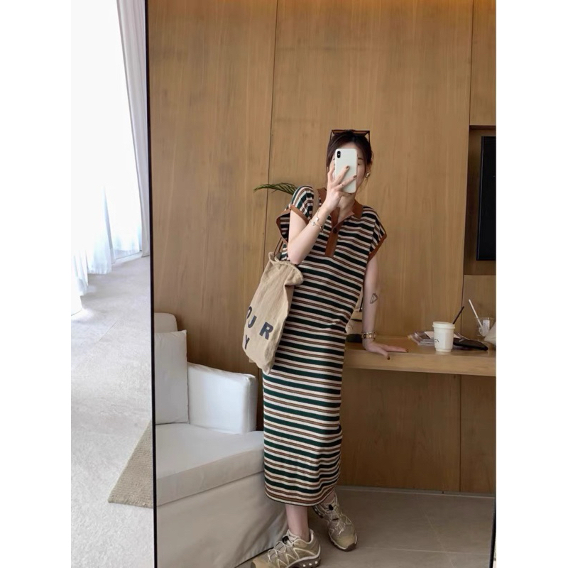 Đầm polo dáng dài chất poly cá sấu kẻ ngang màu xanh form rộng thời trang