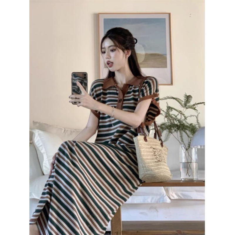 Đầm polo dáng dài chất poly cá sấu kẻ ngang màu xanh form rộng thời trang