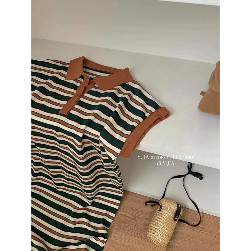 Đầm polo dáng dài chất poly cá sấu kẻ ngang màu xanh form rộng thời trang