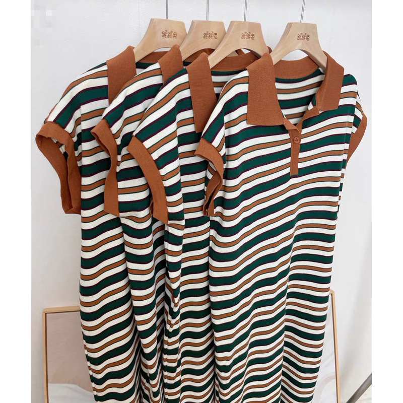 Đầm polo dáng dài chất poly cá sấu kẻ ngang màu xanh form rộng thời trang