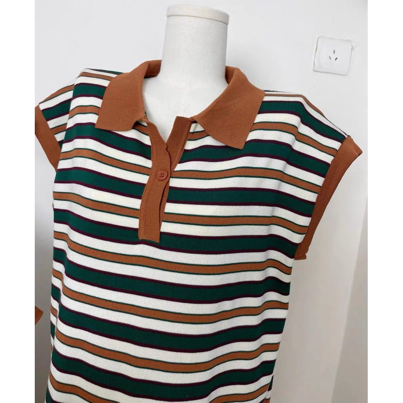 Đầm polo dáng dài chất poly cá sấu kẻ ngang màu xanh form rộng thời trang