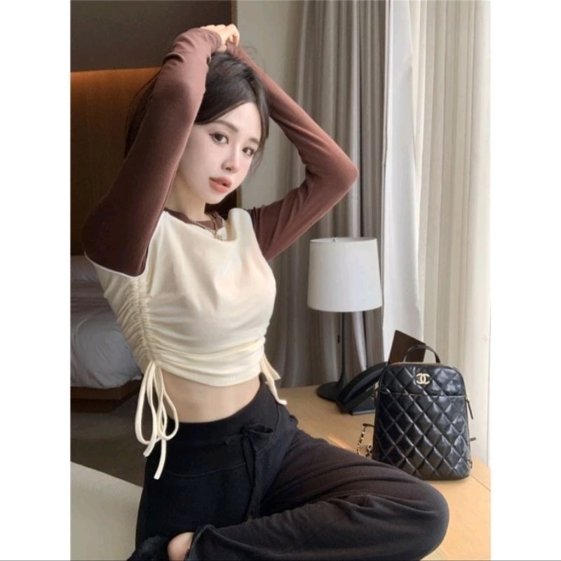 áo thu tim rút eo hông croptop ôm body basic