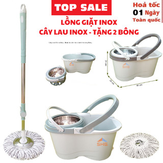 BỘ LAU NHÀ 360 ĐỘ THÔNG MINH, LỒNG RỜI DỄ VỆ SINH, LỒNG VÀ MÂM INO, CÂY LAU NHÀ INOX, 2 BÔNG LAU