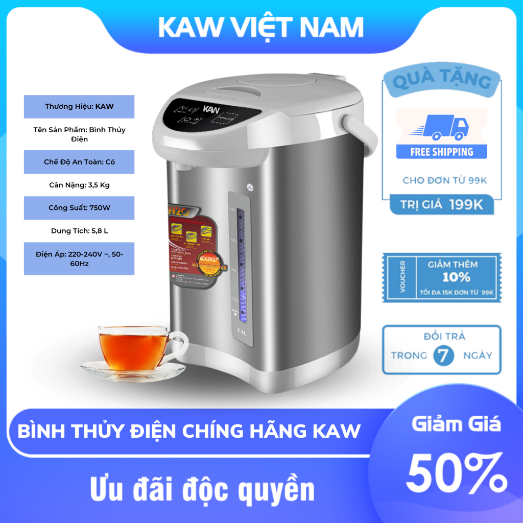 Bình Thủy Điện Đun Nước Nóng Chính Hãng KAW Công Suất 750W Đa Năng Dung Tích 5.8L