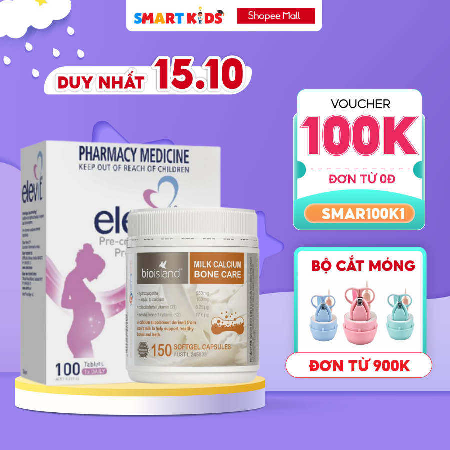 Combo cho mẹ bầu Canxi hữu cơ Bone Care Bioisland và Elevit bầu chăm sóc