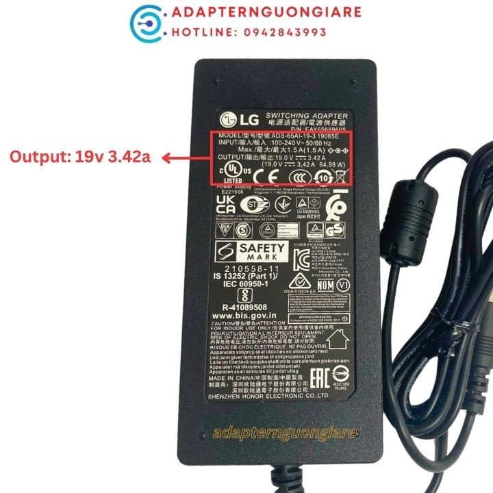 Adapter nguồn màn hình tivi LG 19V 3.42A 65W - Hàng chính hãng
