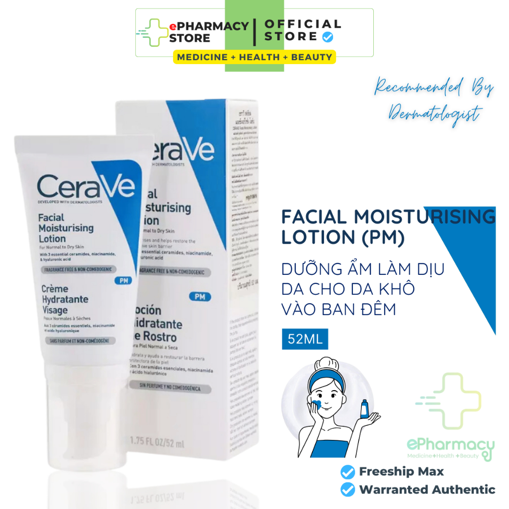 Kem Dưỡng Ẩm Cerave Pháp Ban Đêm Facial Moisturising Lotion PM với Niacinamide và HA 52ml