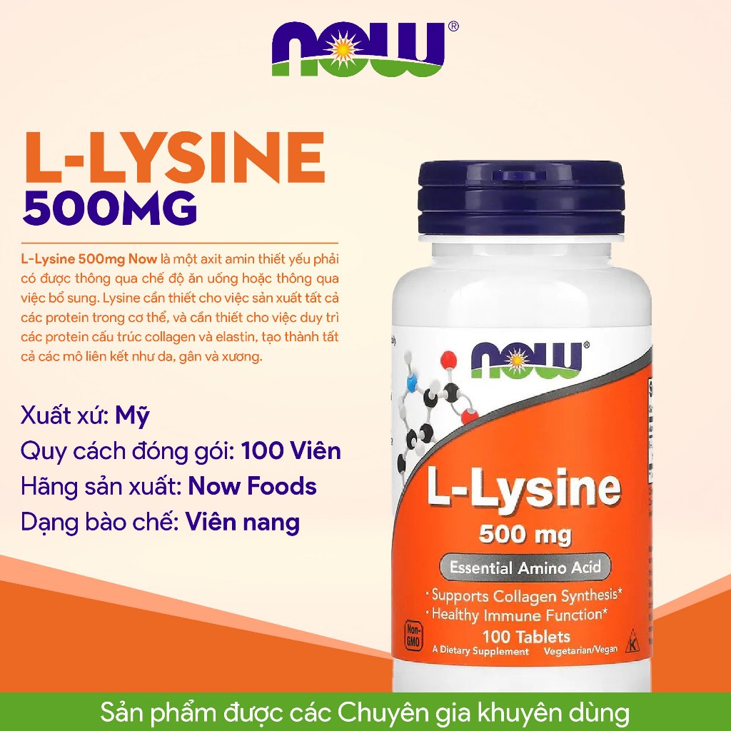 Viên uống giảm mụn, giảm thâm L-Lysine 500mg 100 viên tăng cường hệ miễn dịch, tăng sinh collagen