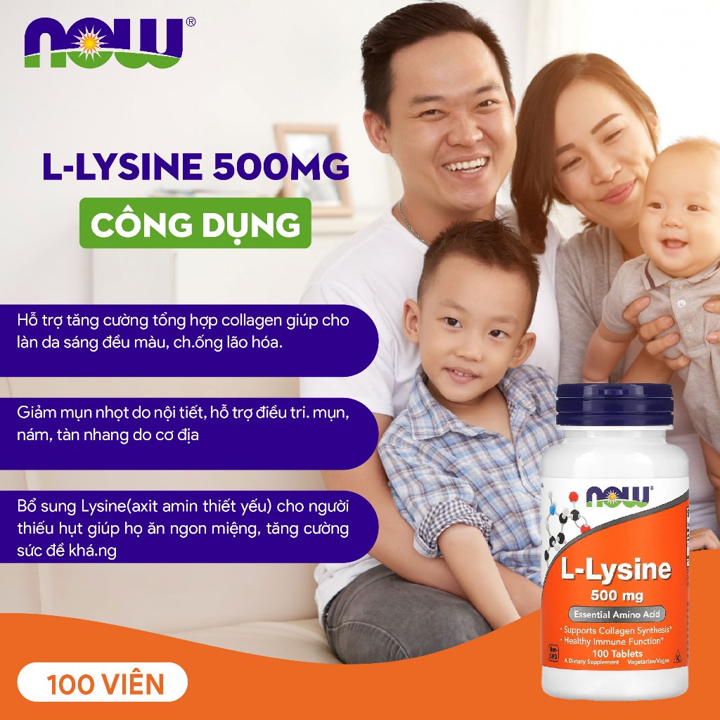Viên uống giảm mụn, giảm thâm L-Lysine 500mg 100 viên tăng cường hệ miễn dịch, tăng sinh collagen