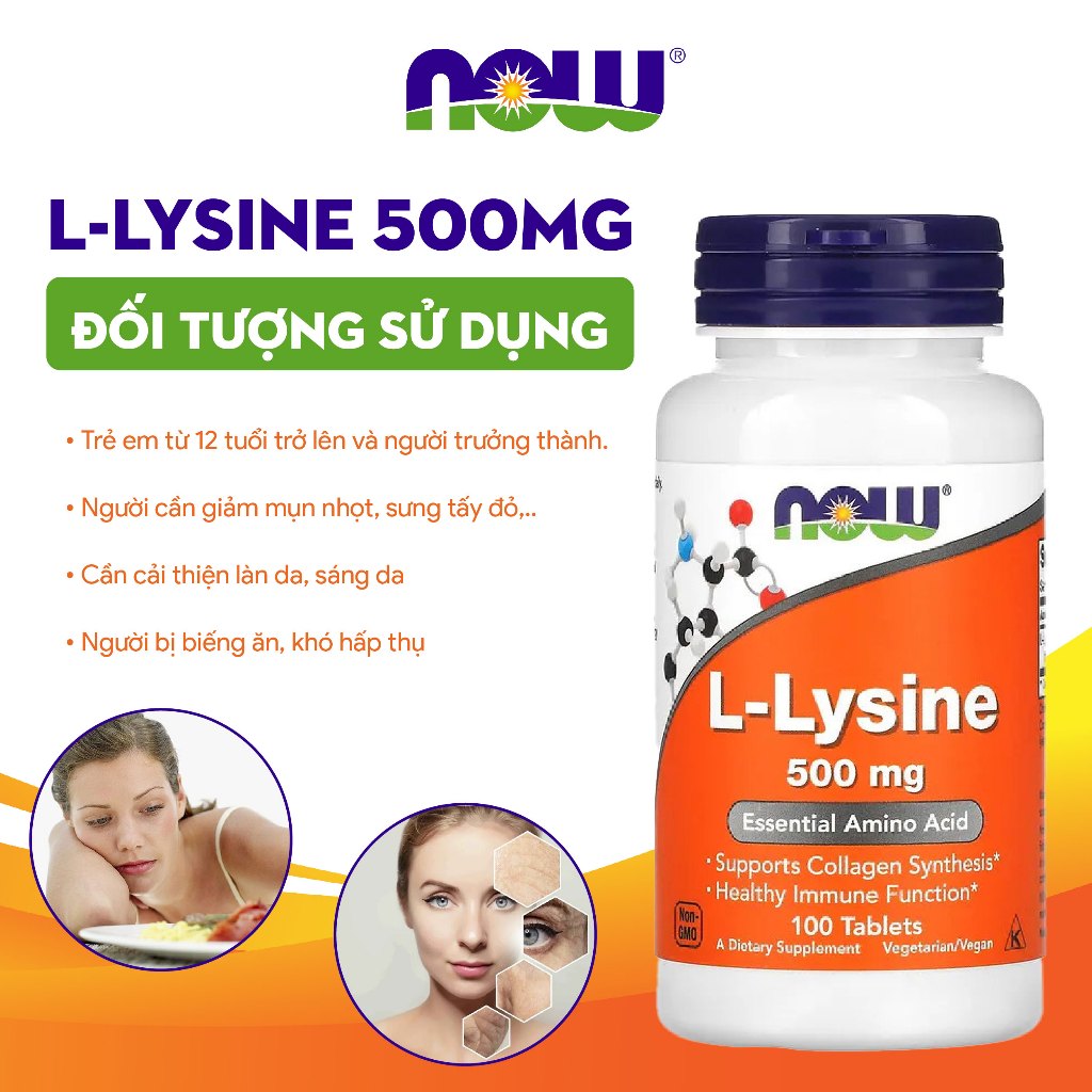 Viên uống giảm mụn, giảm thâm L-Lysine 500mg 100 viên tăng cường hệ miễn dịch, tăng sinh collagen
