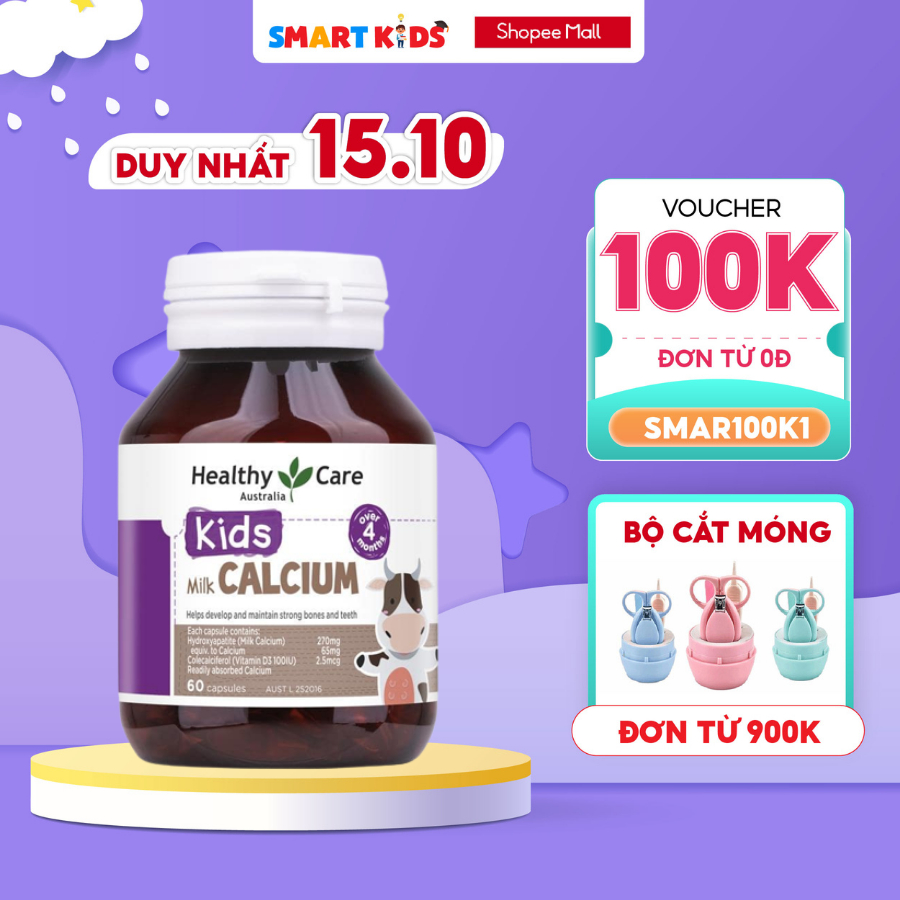 Viên sữa Healthy Care Milk Calcium giúp bổ sung canxi cho bé cao lớn chắc khỏe xương lọ 60 viên