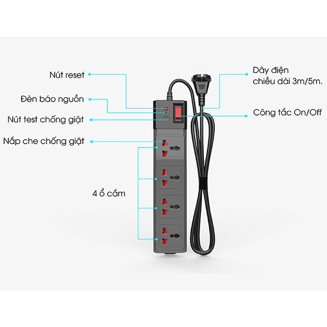 Ổ cắm đa năng chống giật Rạng Đông 3m 5m Tự động ngắt điện An toàn khi sử dụng OC04 4C/3M/10A OC04 4C/5M/10A