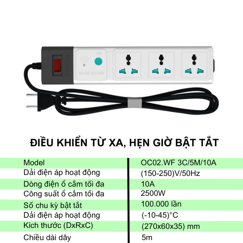 [Mã BMLT50 giảm đến 50K] Ổ cắm thông minh wifi 5m Rạng Đông Hẹn giờ qua smartphone An toàn khi sử dụng OC02.WF 3C/5M/10A