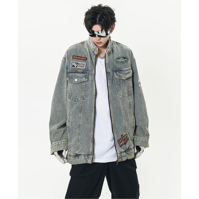 Áo Khoác Denim Jacket Unisex Dáng Rộng Khóa Kéo Họa Tiết Thêu Cao Cấp