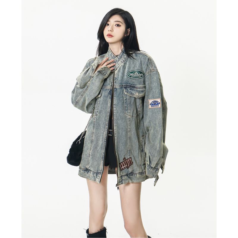 Áo Khoác Denim Jacket Unisex Dáng Rộng Khóa Kéo Họa Tiết Thêu Cao Cấp