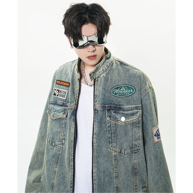 Áo Khoác Denim Jacket Unisex Dáng Rộng Khóa Kéo Họa Tiết Thêu Cao Cấp