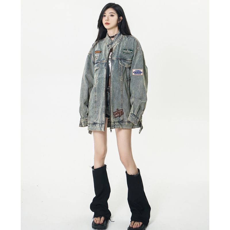 Áo Khoác Denim Jacket Unisex Dáng Rộng Khóa Kéo Họa Tiết Thêu Cao Cấp