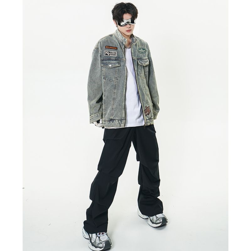 Áo Khoác Denim Jacket Unisex Dáng Rộng Khóa Kéo Họa Tiết Thêu Cao Cấp
