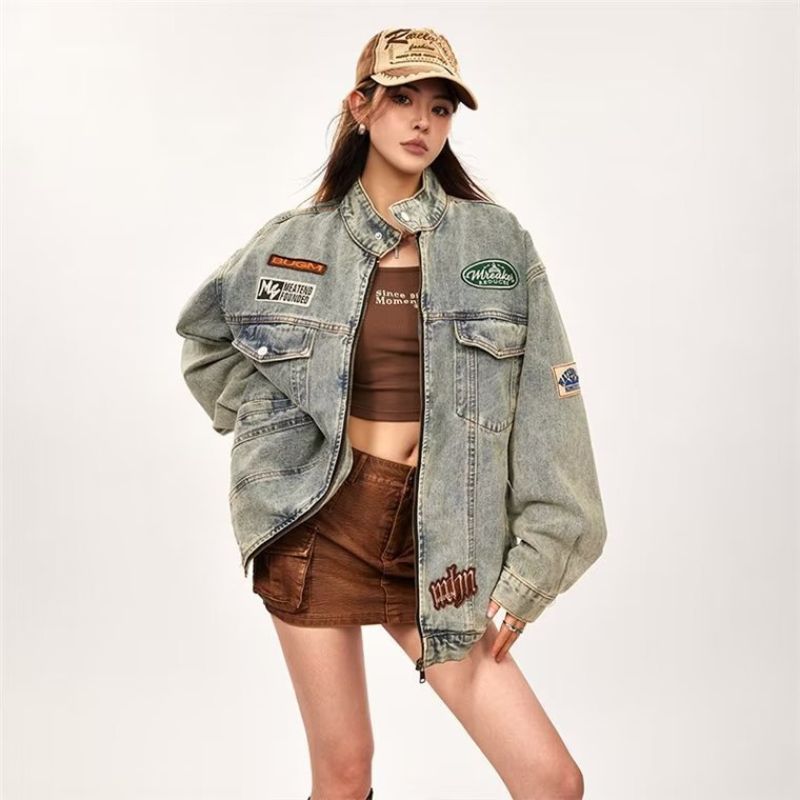Áo Khoác Denim Jacket Unisex Dáng Rộng Khóa Kéo Họa Tiết Thêu Cao Cấp